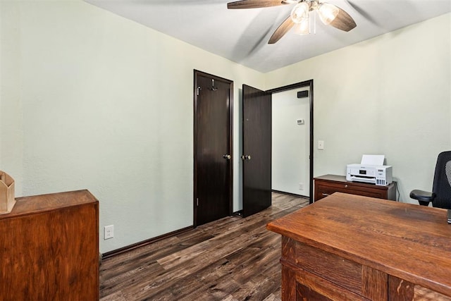 home office featuring dark wood-type flooring and ceiling fan