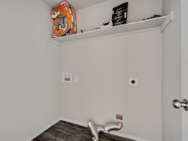 washroom featuring hookup for a washing machine, electric dryer hookup, and dark wood-type flooring