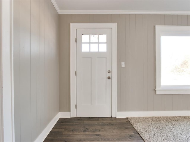 entryway featuring crown molding and dark hardwood / wood-style floors