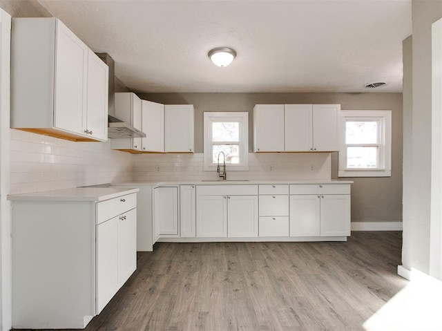 kitchen featuring sink, backsplash, light hardwood / wood-style flooring, and white cabinets