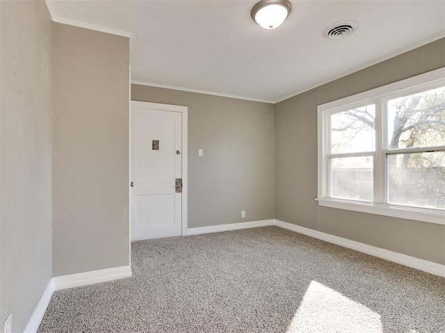 unfurnished room with ornamental molding and carpet flooring