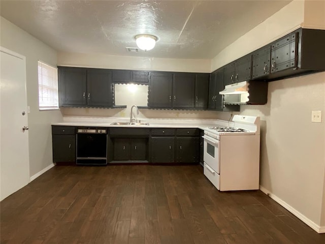 kitchen featuring dark hardwood / wood-style floors, white range with gas cooktop, dishwasher, and sink