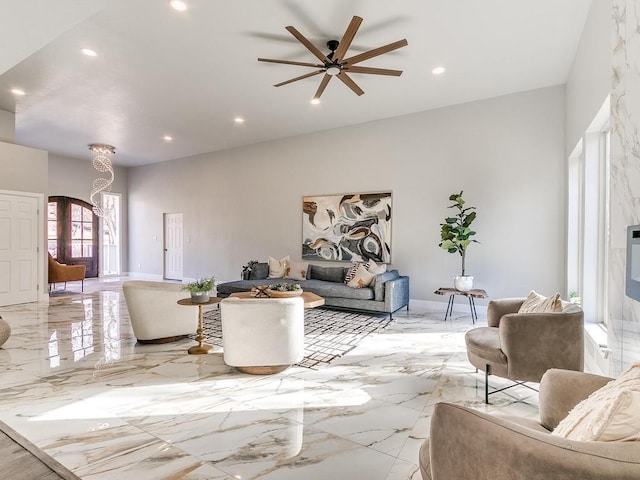 living room featuring ceiling fan