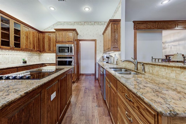 kitchen with dark wood finished floors, lofted ceiling, light stone counters, stainless steel appliances, and a sink