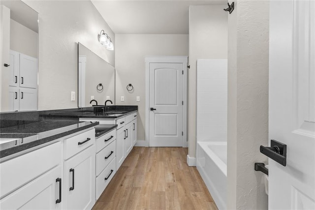 bathroom with hardwood / wood-style flooring and vanity