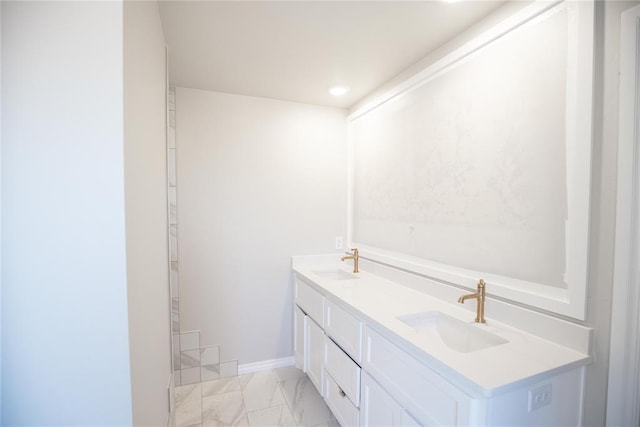 3105 Feather Dr, Yukon, OK 73099 - full bath with marble look tiles, recessed lighting, and double vanity