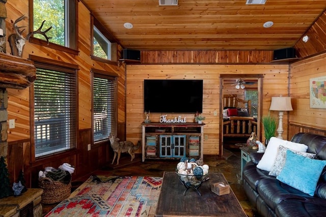 living room with dark hardwood / wood-style flooring, wood ceiling, and wooden walls