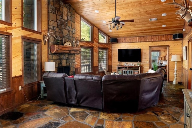 living room featuring wood ceiling, ceiling fan, wooden walls, high vaulted ceiling, and a fireplace