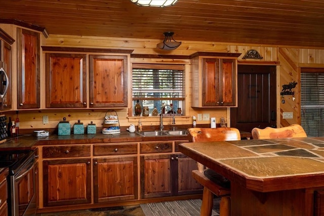 kitchen with wooden walls, sink, a kitchen breakfast bar, stainless steel range with electric stovetop, and wood ceiling