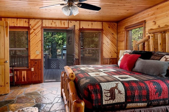 bedroom featuring wood ceiling, access to outside, and wood walls