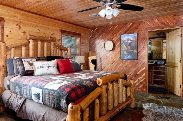 bedroom with wood ceiling, ceiling fan, and wooden walls