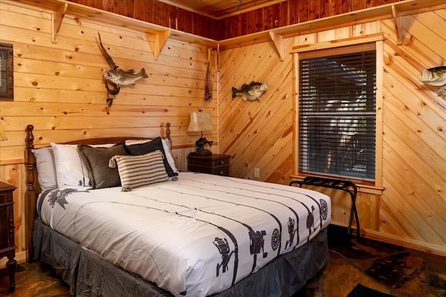 bedroom featuring wooden walls