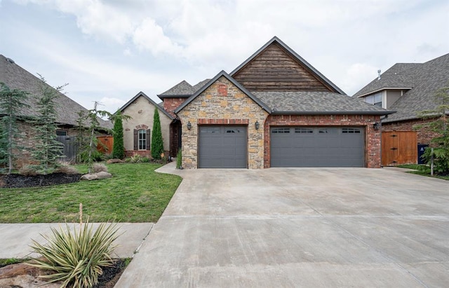 view of front of home featuring a garage, fence, concrete driveway, roof with shingles, and a front yard