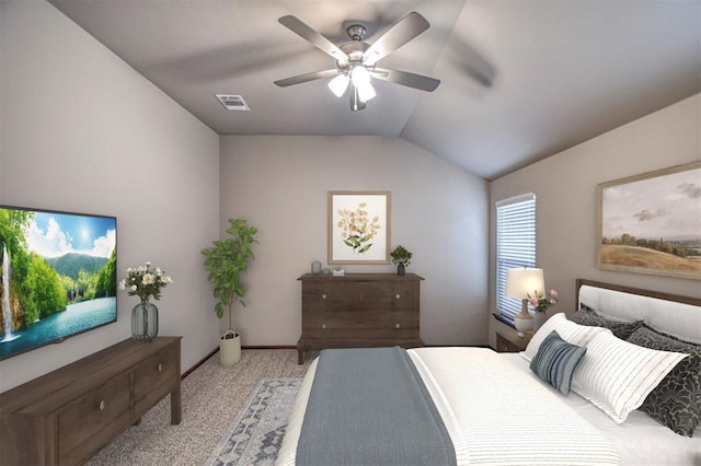 carpeted bedroom featuring vaulted ceiling and ceiling fan