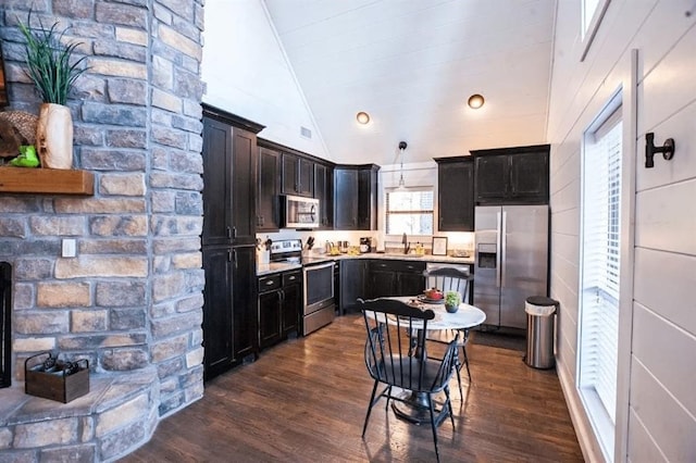 kitchen with appliances with stainless steel finishes, dark hardwood / wood-style flooring, vaulted ceiling, and hanging light fixtures