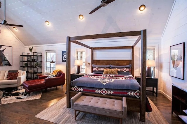 bedroom with lofted ceiling and dark hardwood / wood-style flooring