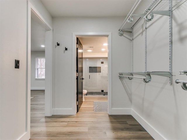 walk in closet with light hardwood / wood-style floors