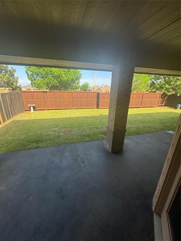 view of yard with a fenced backyard and a patio area