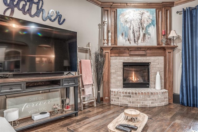 living room featuring a fireplace and dark hardwood / wood-style flooring