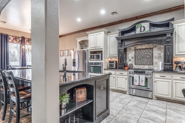 kitchen with ornamental molding, stainless steel appliances, sink, and backsplash