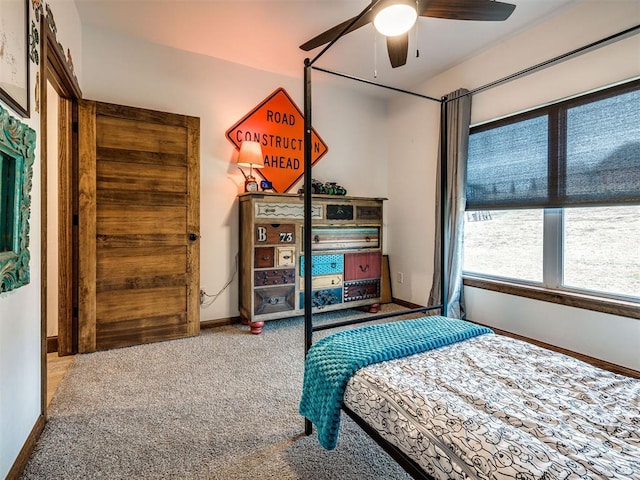 bedroom featuring carpet flooring and ceiling fan