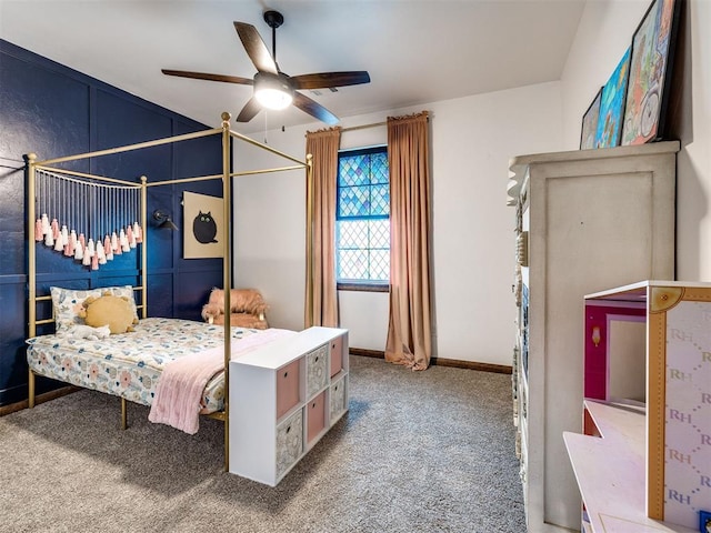 bedroom featuring ceiling fan and carpet flooring