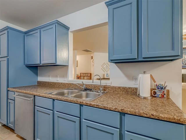 kitchen featuring sink, stainless steel dishwasher, and blue cabinetry