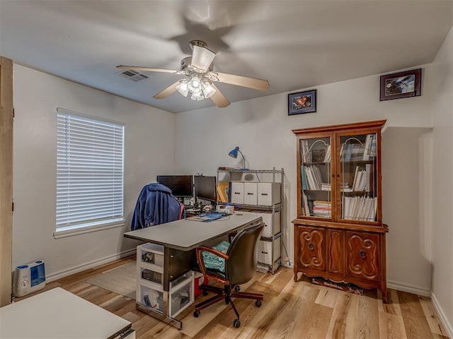 office area featuring ceiling fan and light hardwood / wood-style flooring