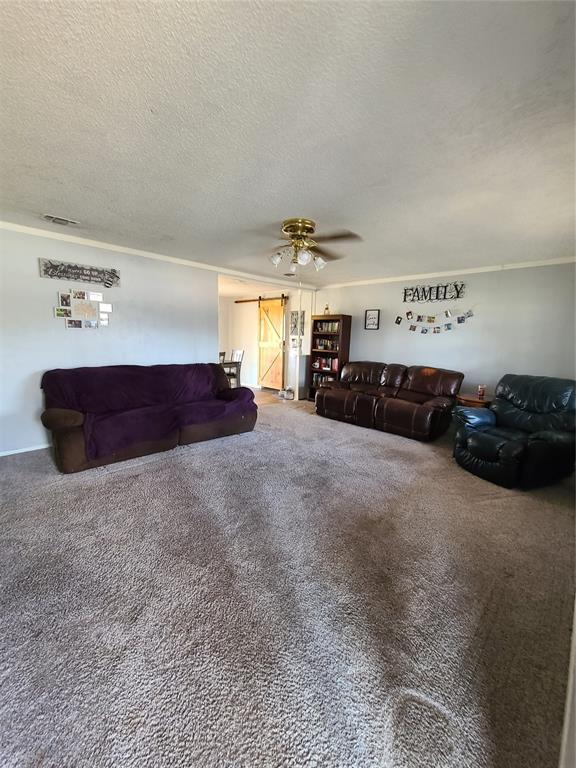 carpeted living room with ceiling fan, a barn door, and a textured ceiling