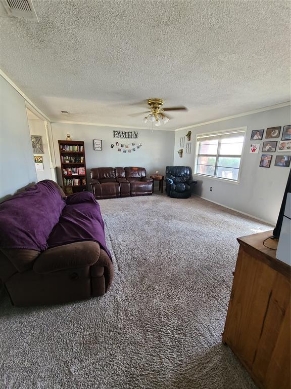 carpeted living room with ceiling fan and a textured ceiling