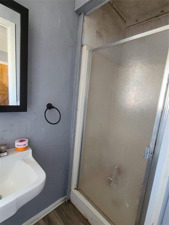 bathroom with a shower with door, wood-type flooring, and sink