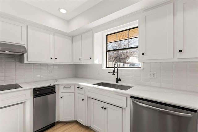 kitchen with tasteful backsplash, dishwasher, sink, white cabinets, and black electric stovetop