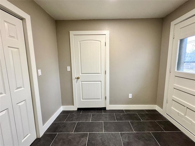 entryway featuring dark tile patterned floors