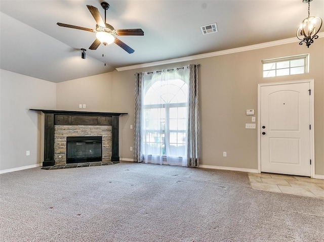 unfurnished living room featuring crown molding, a fireplace, vaulted ceiling, and light carpet