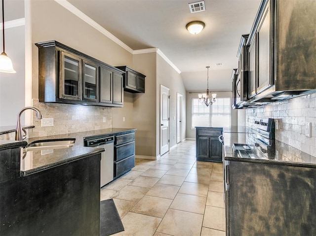 kitchen with hanging light fixtures, dark brown cabinets, sink, and stainless steel dishwasher