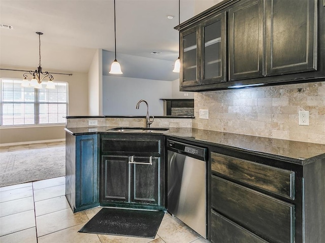 kitchen featuring sink, decorative light fixtures, stainless steel dishwasher, and backsplash