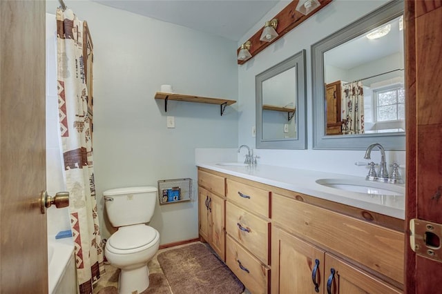 full bathroom featuring tile patterned floors, vanity, toilet, and shower / bath combo with shower curtain