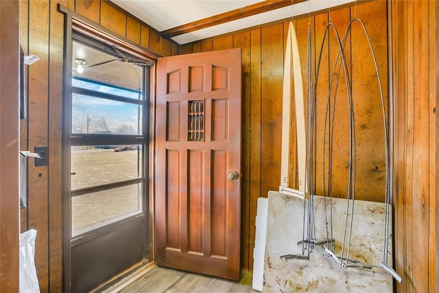 entryway featuring plenty of natural light, light wood-type flooring, and wood walls