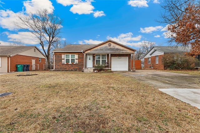 ranch-style house featuring a garage and a front yard