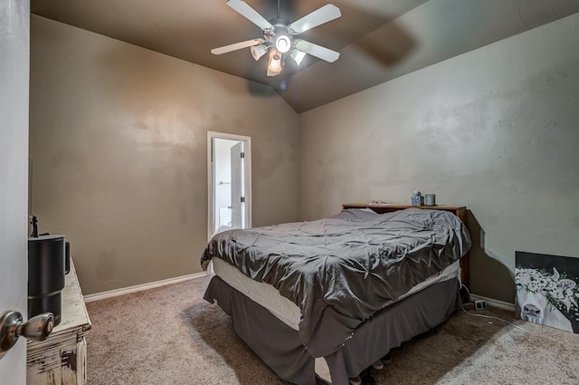 bedroom with lofted ceiling, carpet flooring, and ceiling fan