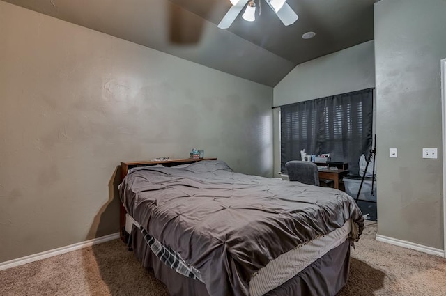 carpeted bedroom with lofted ceiling and ceiling fan