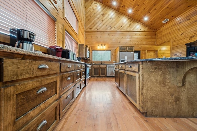 kitchen featuring wood ceiling, light hardwood / wood-style flooring, dark stone countertops, appliances with stainless steel finishes, and wooden walls