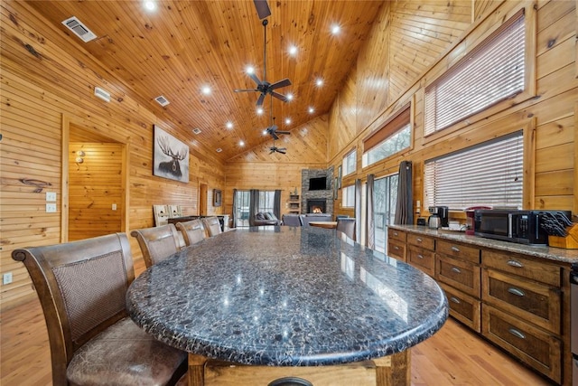 dining space featuring wood ceiling, ceiling fan, wooden walls, and a stone fireplace