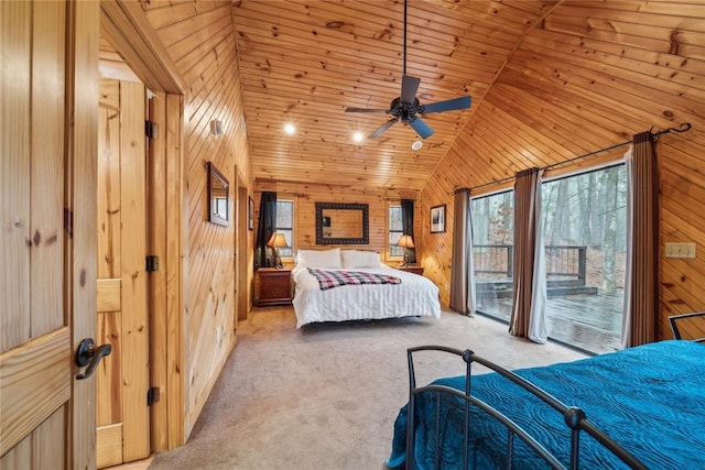 bedroom featuring wooden ceiling, light carpet, access to exterior, and wooden walls