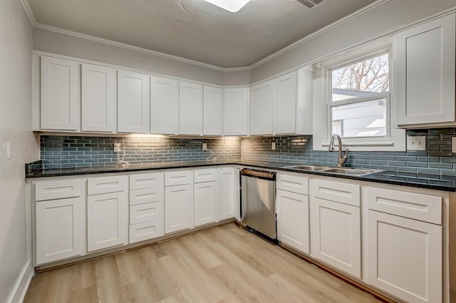 kitchen with dishwasher, sink, white cabinets, and light hardwood / wood-style floors