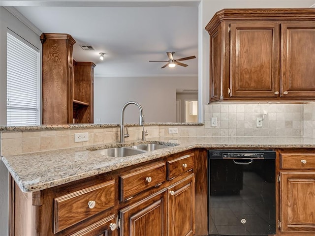 kitchen featuring dishwasher, sink, decorative backsplash, ornamental molding, and light stone counters