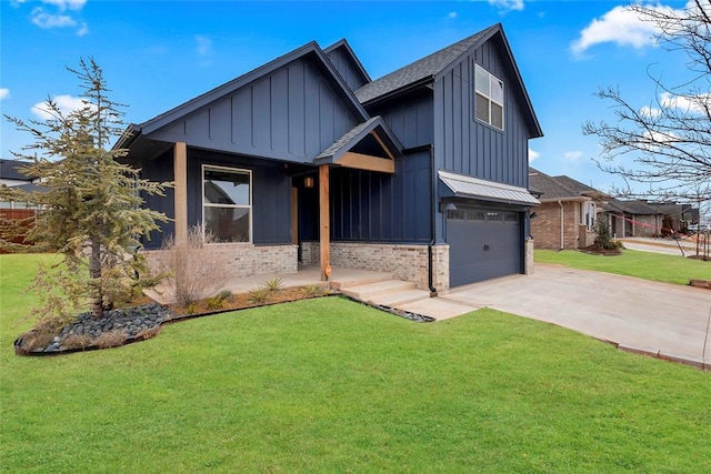 view of front facade with a garage, a porch, and a front yard