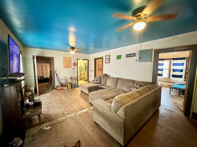 living room with hardwood / wood-style flooring and ceiling fan