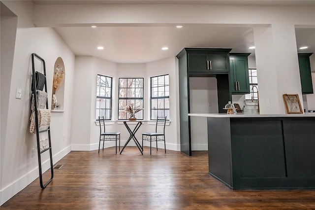 kitchen featuring a fireplace, dark hardwood / wood-style flooring, kitchen peninsula, and green cabinets