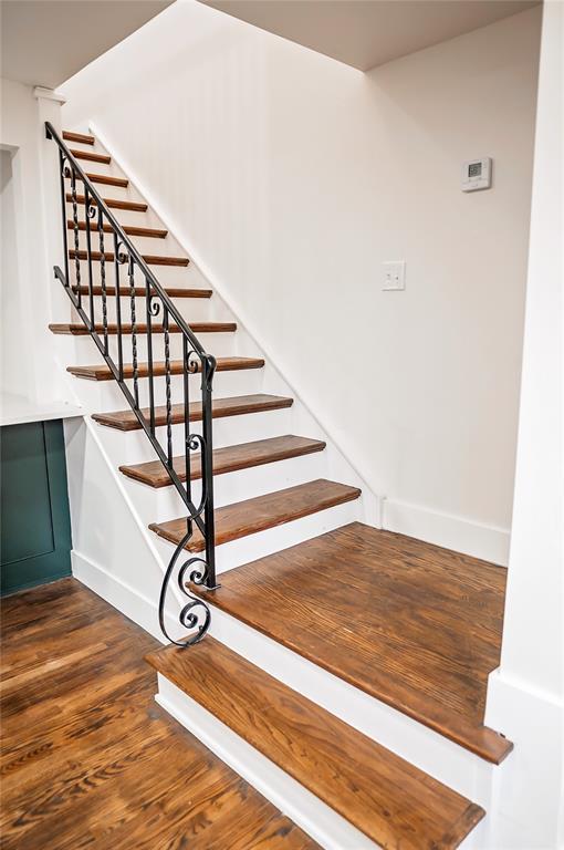 staircase featuring wood-type flooring